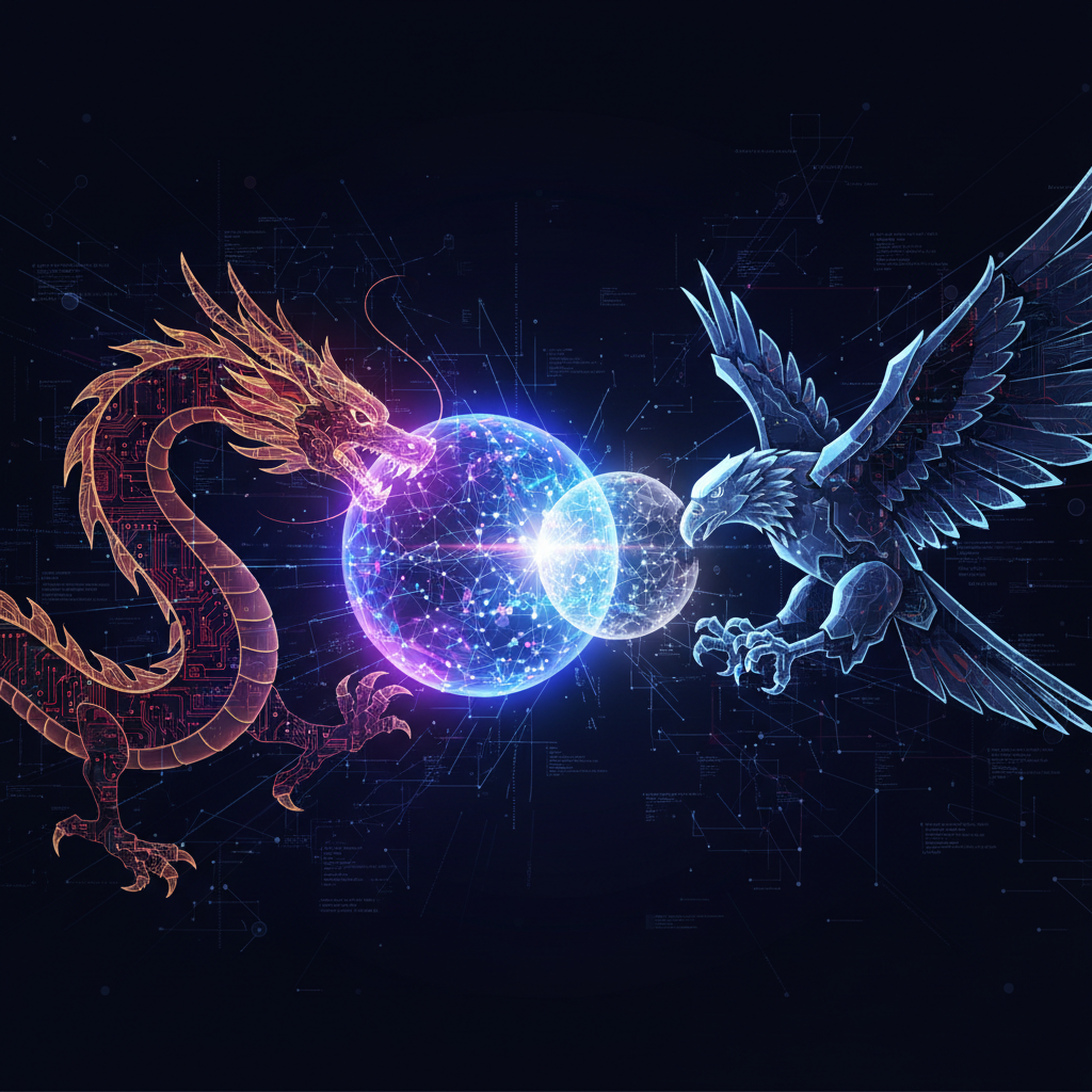 A stylized digital map showing the US and China, connected by glowing lines representing data flow and AI models, symbolizing the global competition in open-source AI leadership.