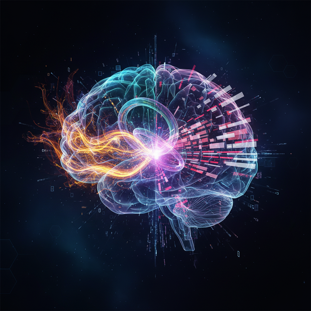 Representação abstrata do desempenho de um modelo de IA em evolução, com setas indicando tendências ascendentes e descendentes, sugerindo pensamento adaptativo ou 'nerfing'.