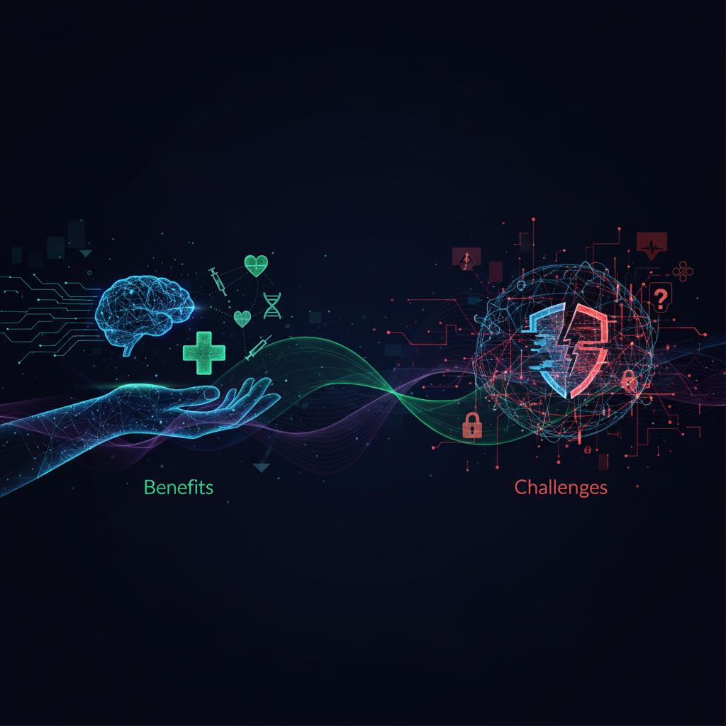 AI in healthcare concept showing medical data analysis and ethical considerations (e.g., a brain scan overlaid with code, and a shield icon for privacy).