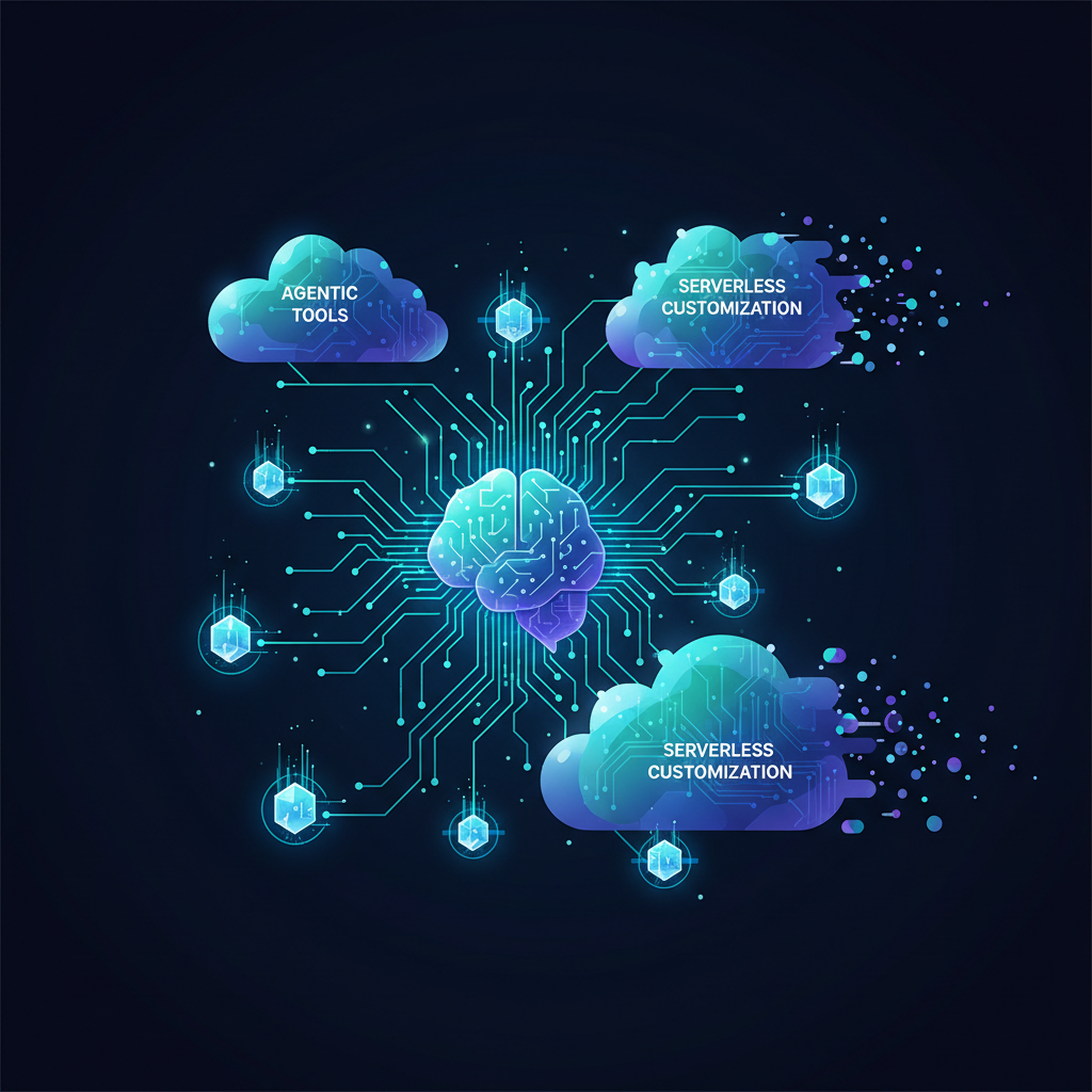 Interface do Amazon SageMaker AI Studio mostrando opções para personalização de modelo serverless e chamada de ferramentas agênticas.