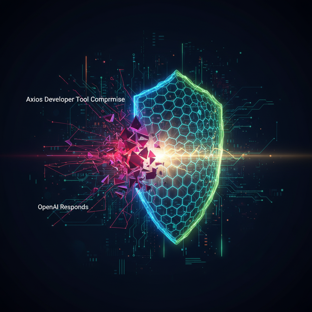 Resposta da OpenAI ao comprometimento da ferramenta de desenvolvedor Axios, destacando as atualizações de segurança do aplicativo macOS.