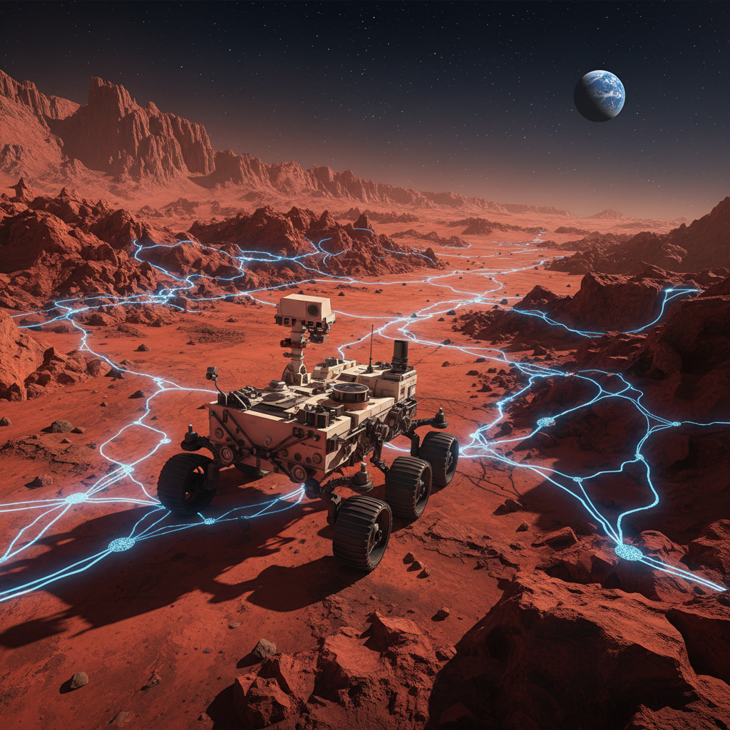 NASA Perseverance rover on the Martian surface following the AI-planned 400-meter route through a rock field