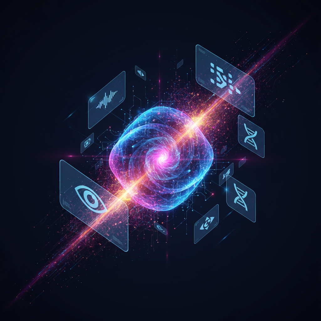 Logotipo do Muse Spark com formas abstratas entrelaçadas que representam as capacidades de IA multimodal e o texto 'Muse Spark'