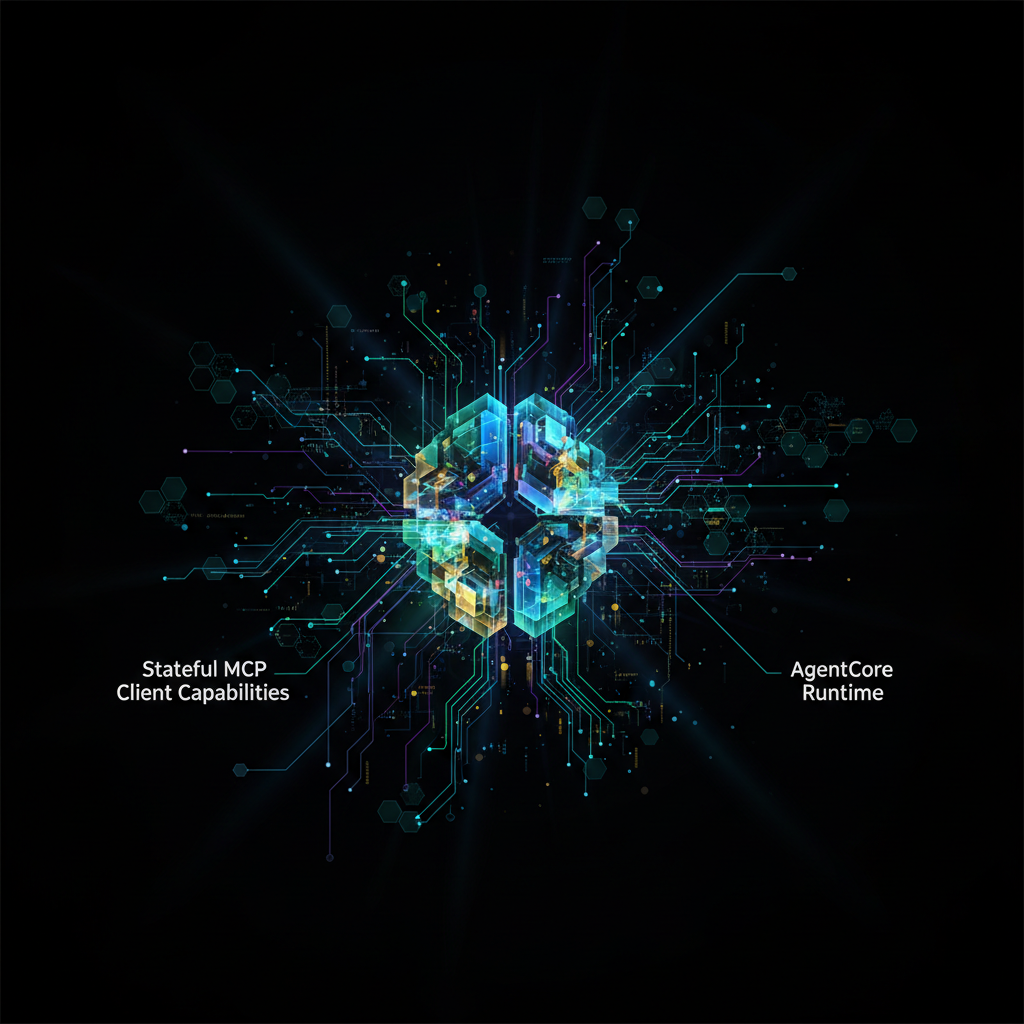Diagrama ilustrando os recursos de cliente MCP com estado no Amazon Bedrock AgentCore Runtime com fluxos interativos de agentes de IA.