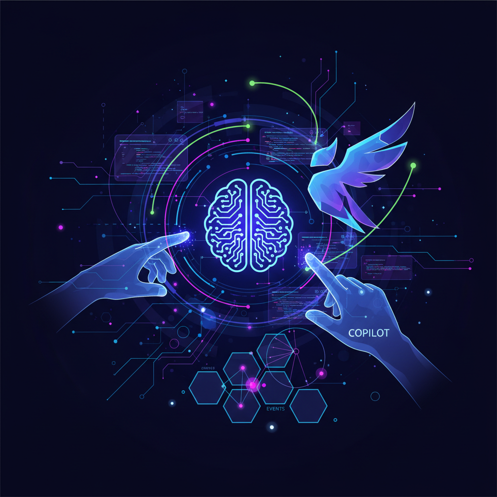 Desenvolvedores colaborando em um evento GitHub Copilot Dev Days, aprendendo sobre ferramentas e melhores práticas de codificação assistida por IA.