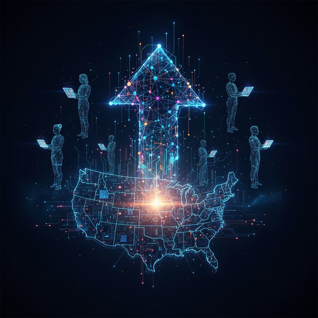 Logotipo da iniciativa 'Make America AI-Ready' do Departamento de Trabalho dos EUA, enfatizando a educação em alfabetização em IA baseada em texto