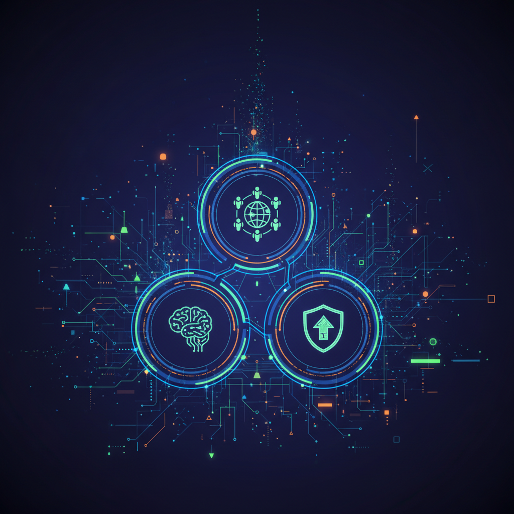 Imagine conceptuală care prezintă sugestii de cod AI alături de colaborarea umană, reprezentând mentoratul open source în era AI.