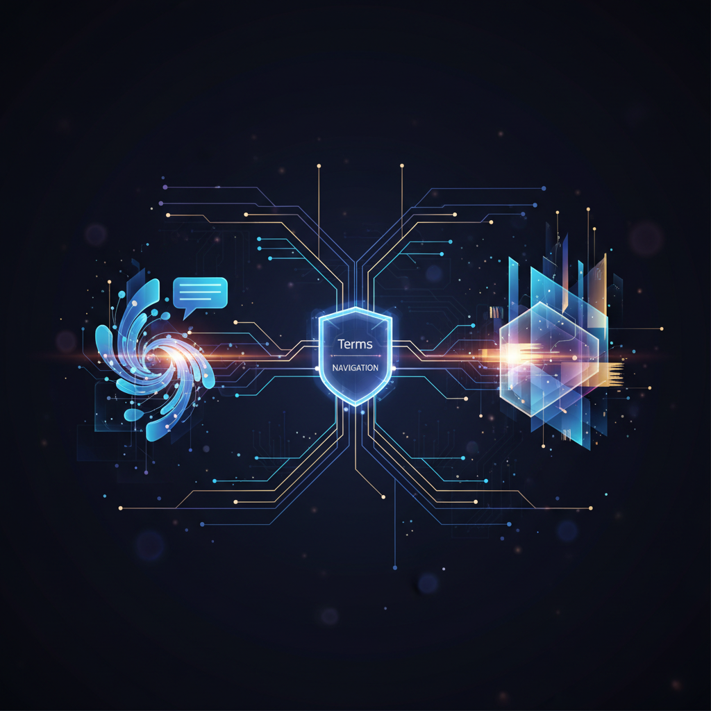 Documento de Termos de Uso da OpenAI com os logotipos do ChatGPT e DALL-E ao fundo, simbolizando as políticas de serviço de IA.