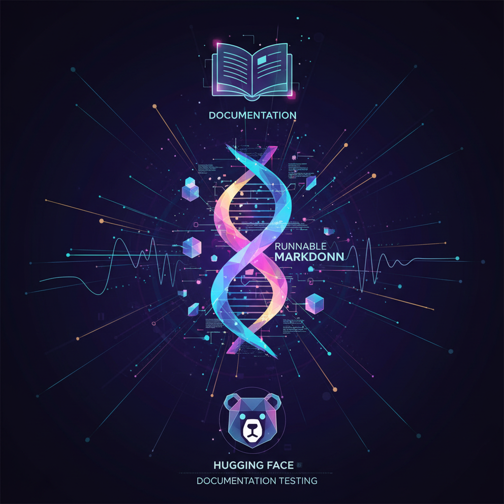 Logotipo do Hugging Face com trechos de código e uma tag 'runnable', representando o conceito de exemplos Markdown executáveis.
