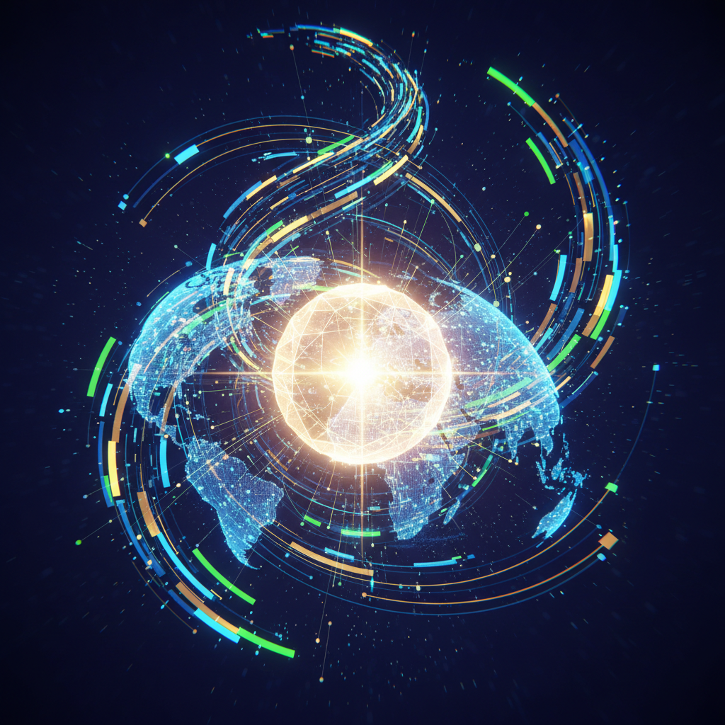 Logotipo da OpenAI cercado por símbolos de conectividade global e investimento, representando a escala da IA para todos.