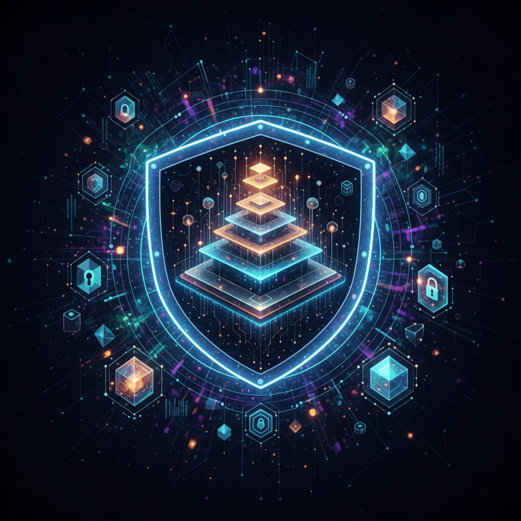 Um gráfico futurista representando o desenvolvimento de IA seguro e escalável, simbolizando a Estrutura de Dimensionamento de IA Avançada da Meta e os protocolos de segurança de IA.