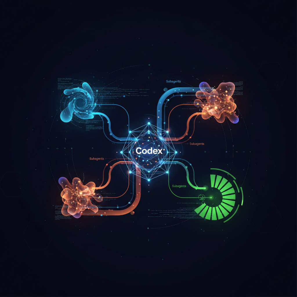 Diagram që ilustron subagjentë të shumtë të AI duke punuar paralelisht, të orkestruar nga një agjent kryesor Codex, me shigjeta që tregojnë rrjedhën e të dhënave dhe shpërndarjen e detyrave.